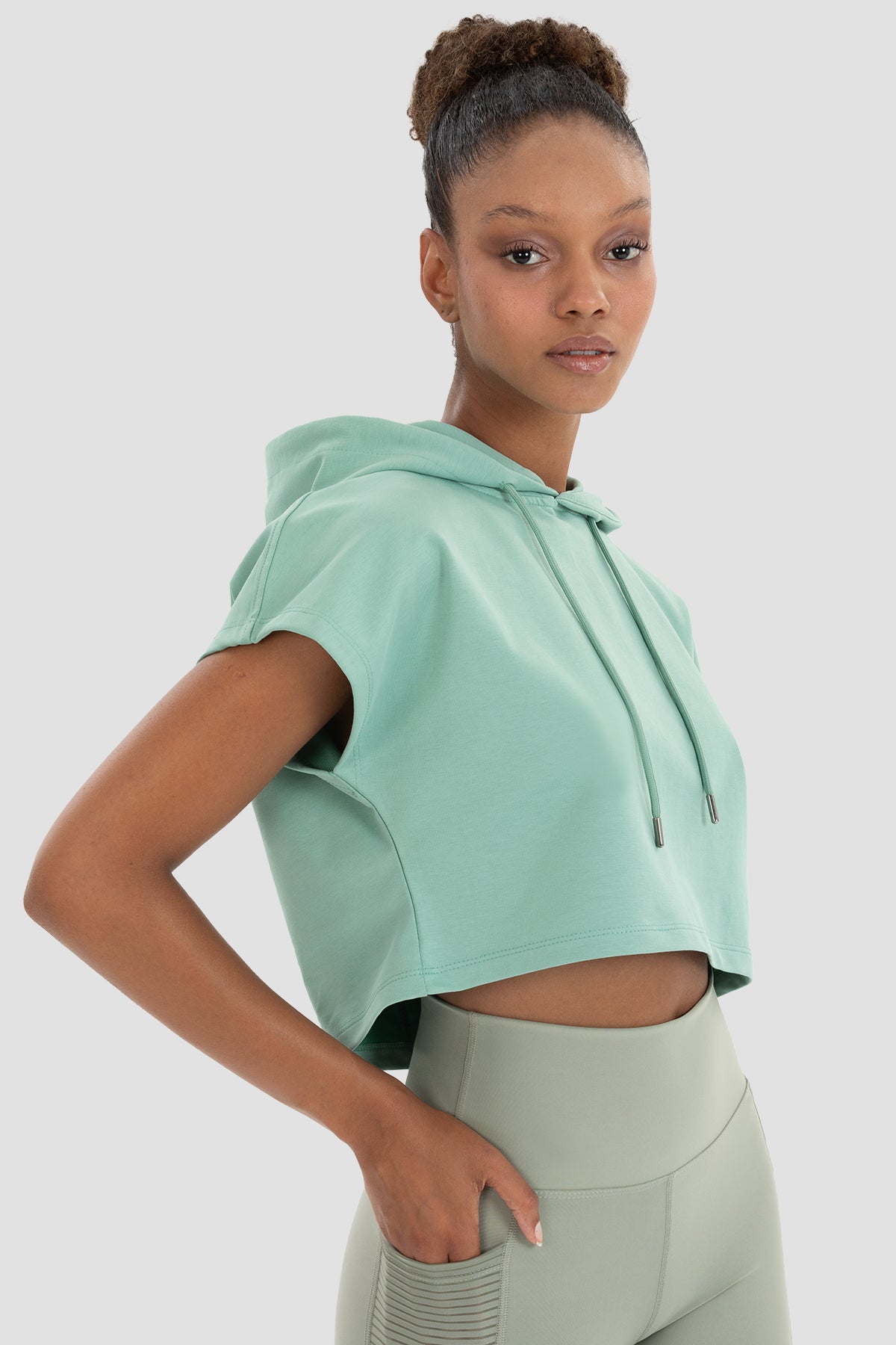 Alice Kapüşonlu Kısa Kollu Açık Yeşil Crop Sweatshirt