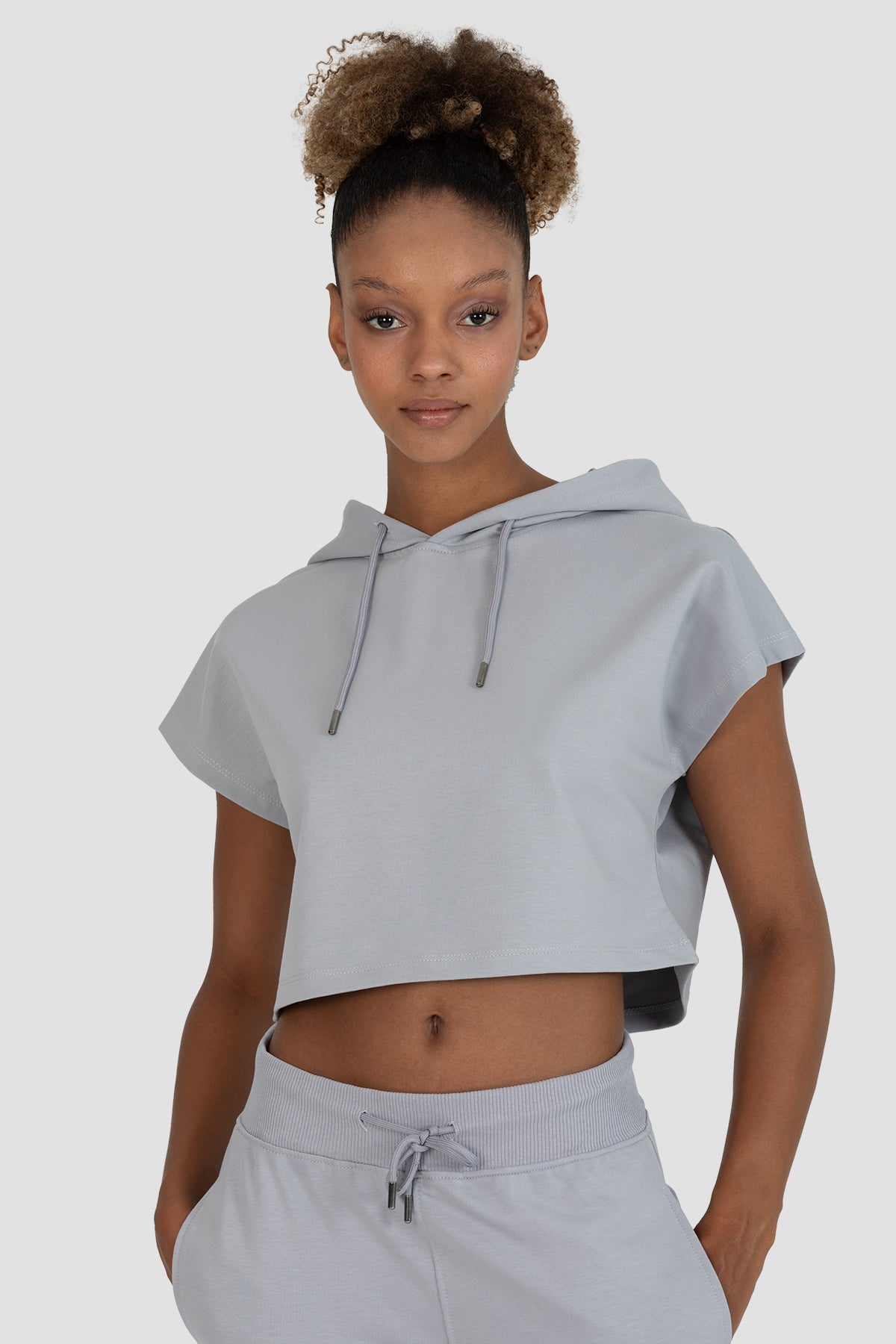 Alice Kapüşonlu Kısa Kollu Gri Crop Sweatshirt