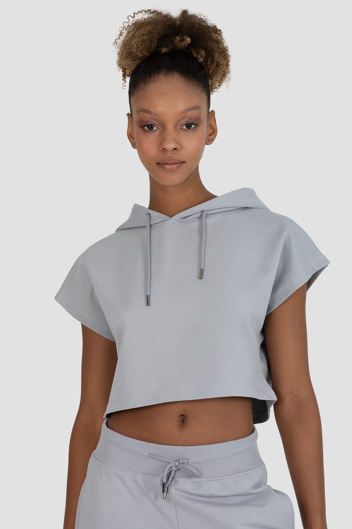 Alice Kapüşonlu Kısa Kollu Gri Crop Sweatshirt