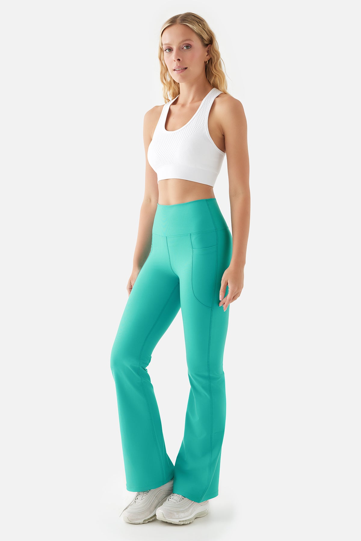 Carmen Yüksek Bel İspanyol Paça Cepli Turkuaz Spor Tayt
