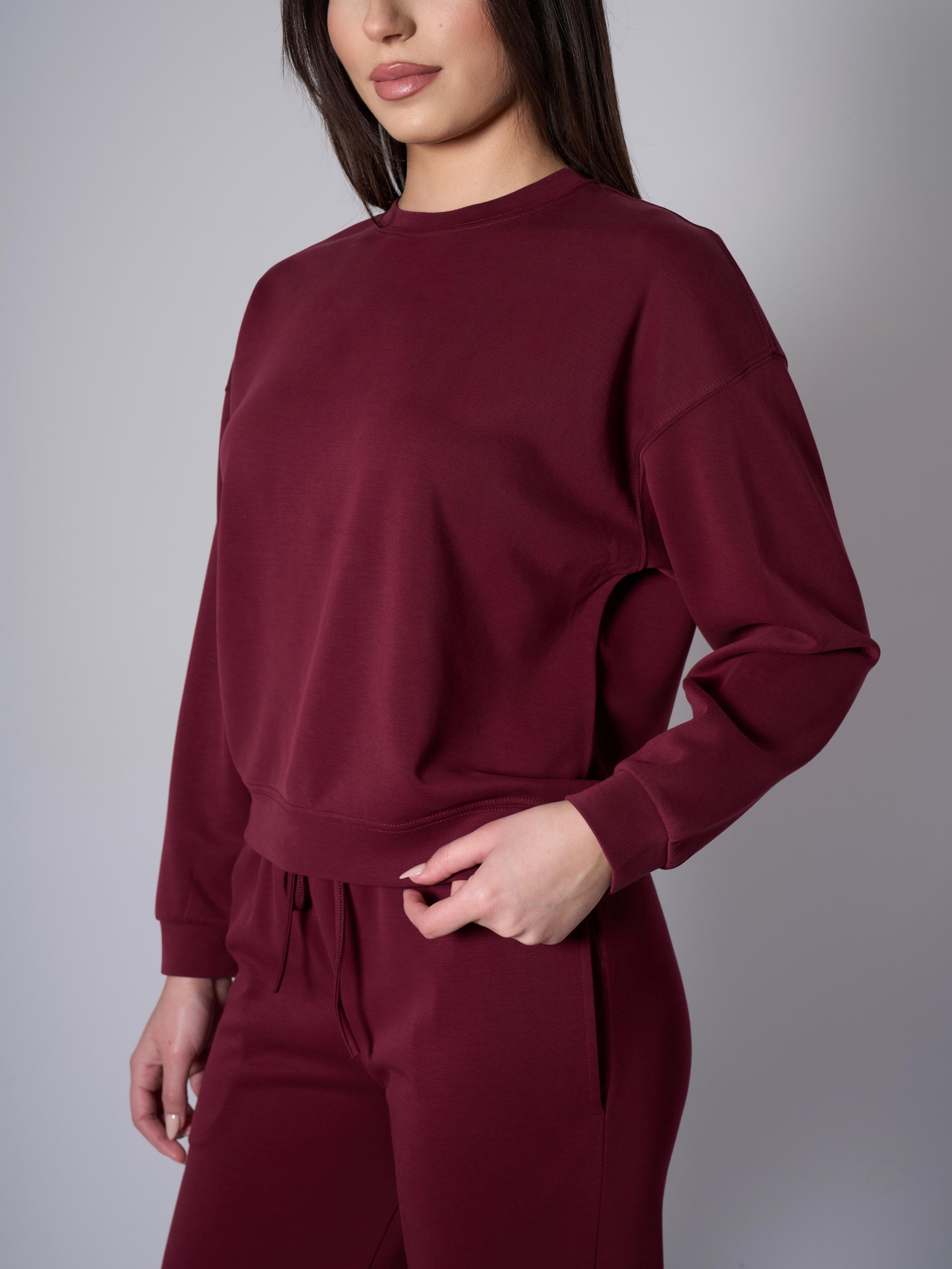 Cleo Yanları Yırtmaçlı Modal Bisiklet Yaka Bordo Sweatshirt