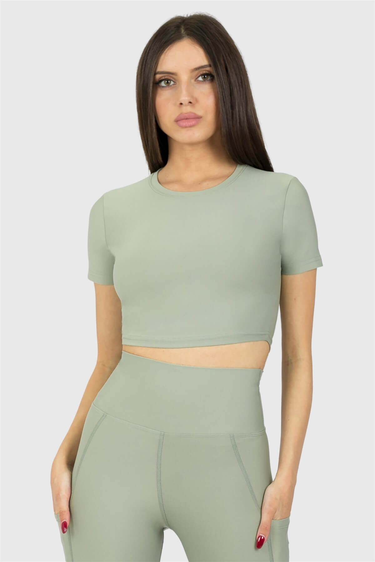 Kısa Kol Spor Açık Yeşil Crop Top