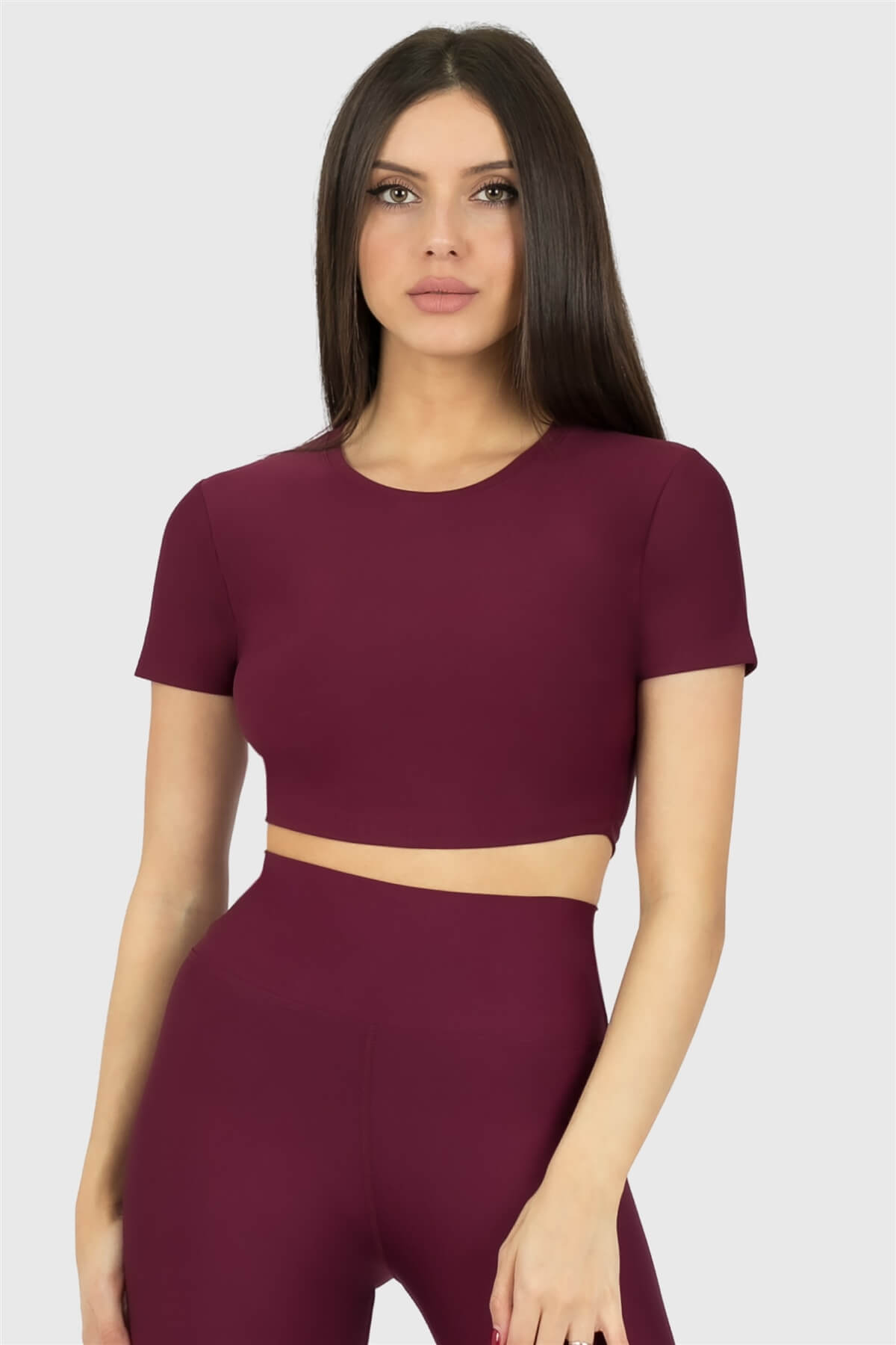 Kısa Kol Spor Vişne Crop Top