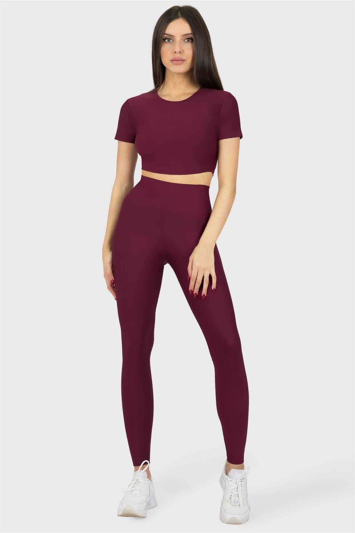 Kısa Kol Spor Vişne Crop Top