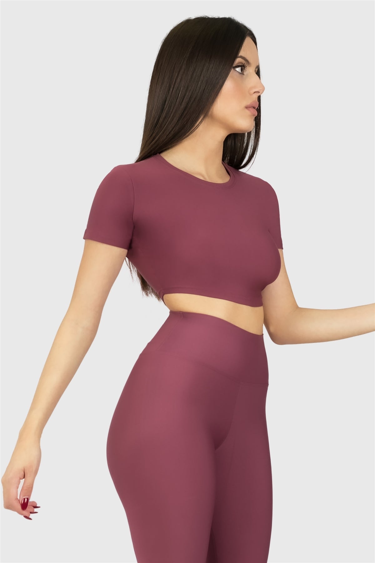 Kısa Kol Spor Gül Kurusu Crop Top