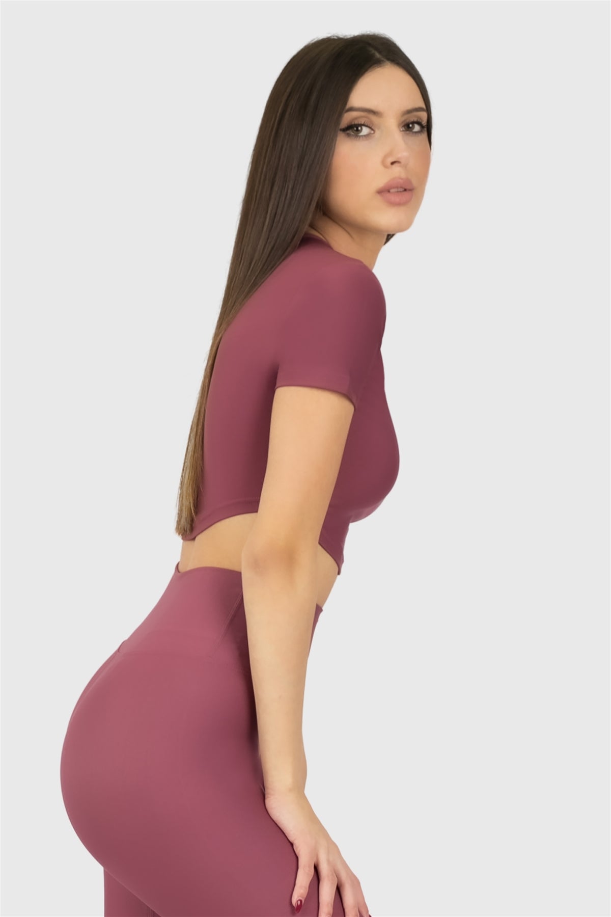 Kısa Kol Spor Gül Kurusu Crop Top