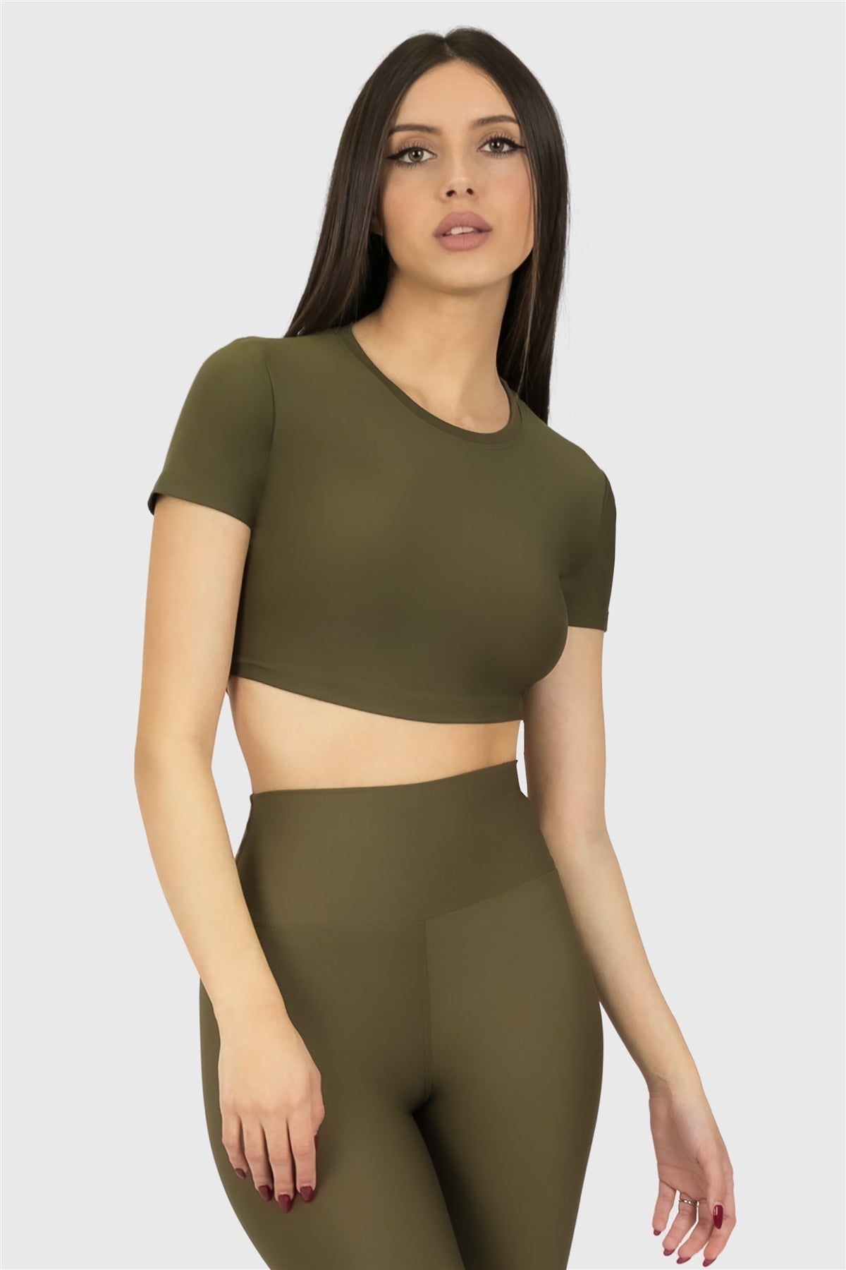 Kısa Kol Spor Haki Crop Top