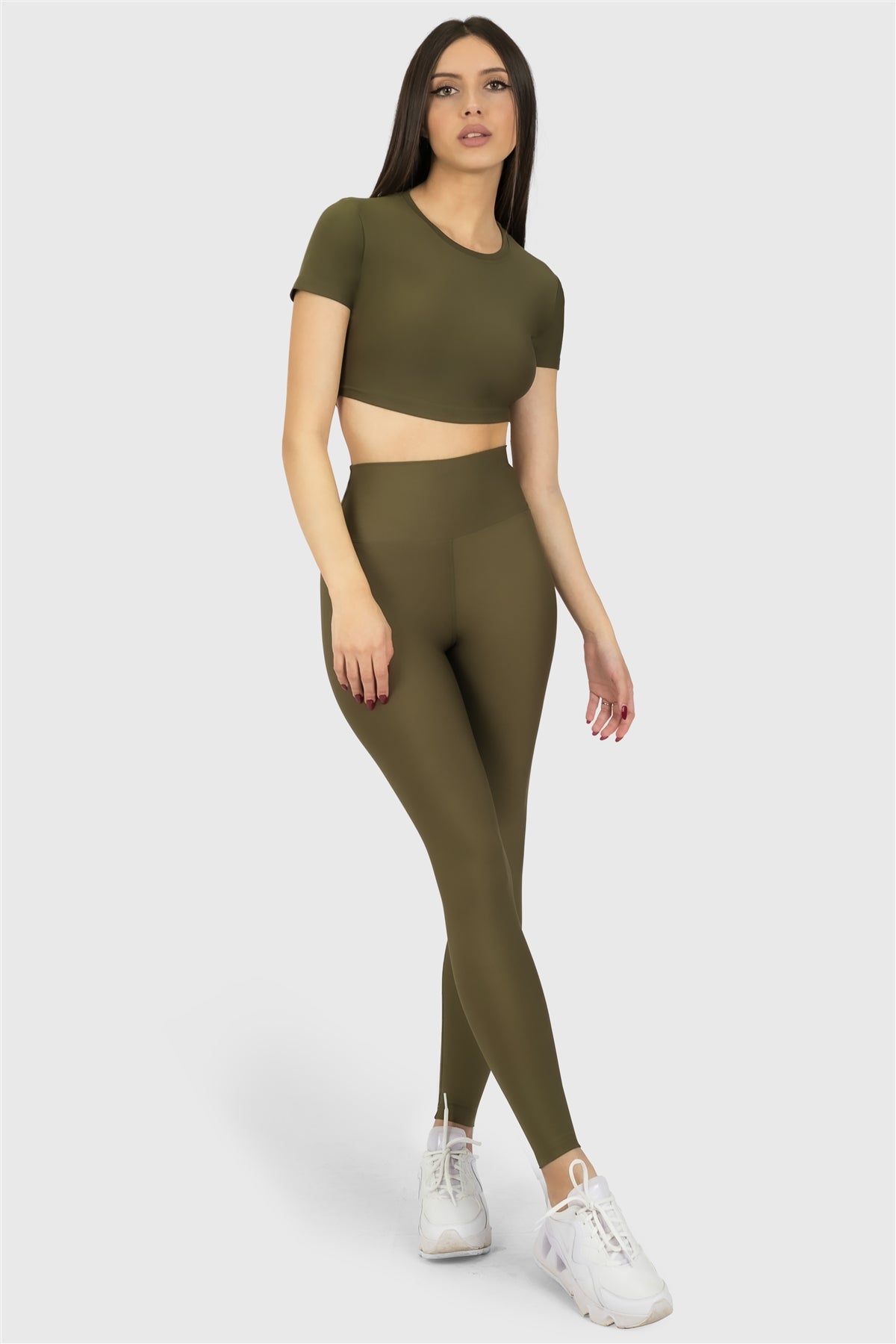 Kısa Kol Spor Haki Crop Top