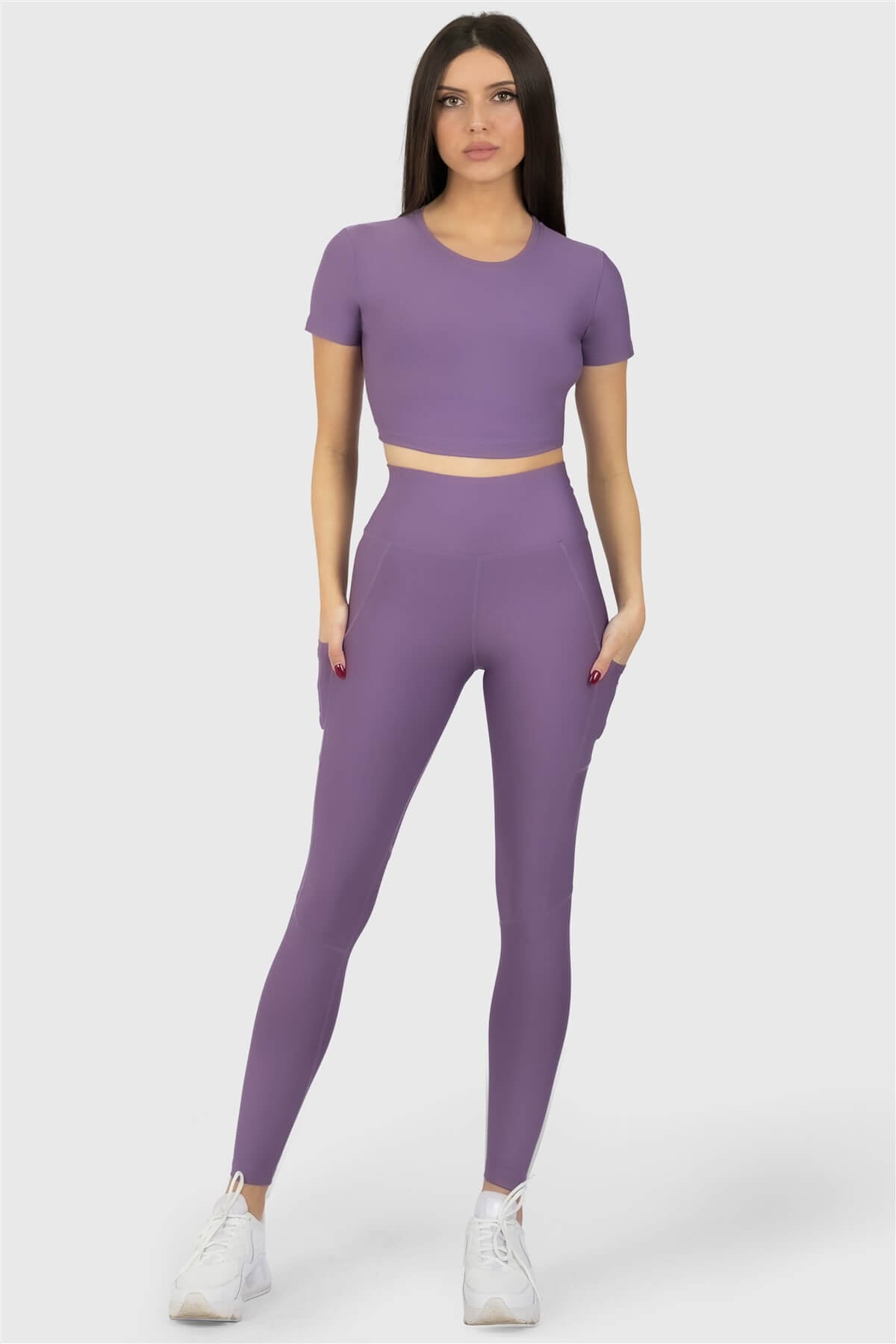 Kısa Kol Spor Lila Crop Top