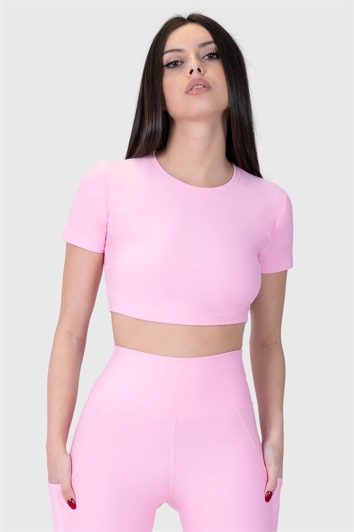 Kısa Kol Spor Pembe Crop Top