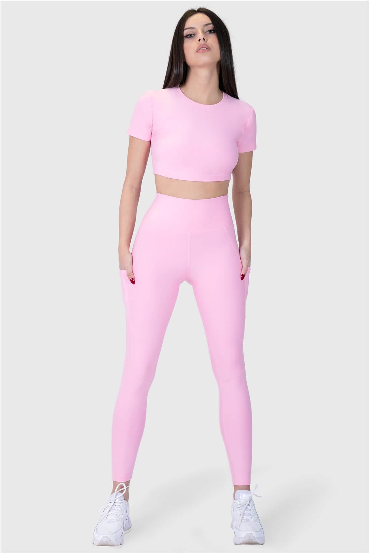 Kısa Kol Spor Pembe Crop Top