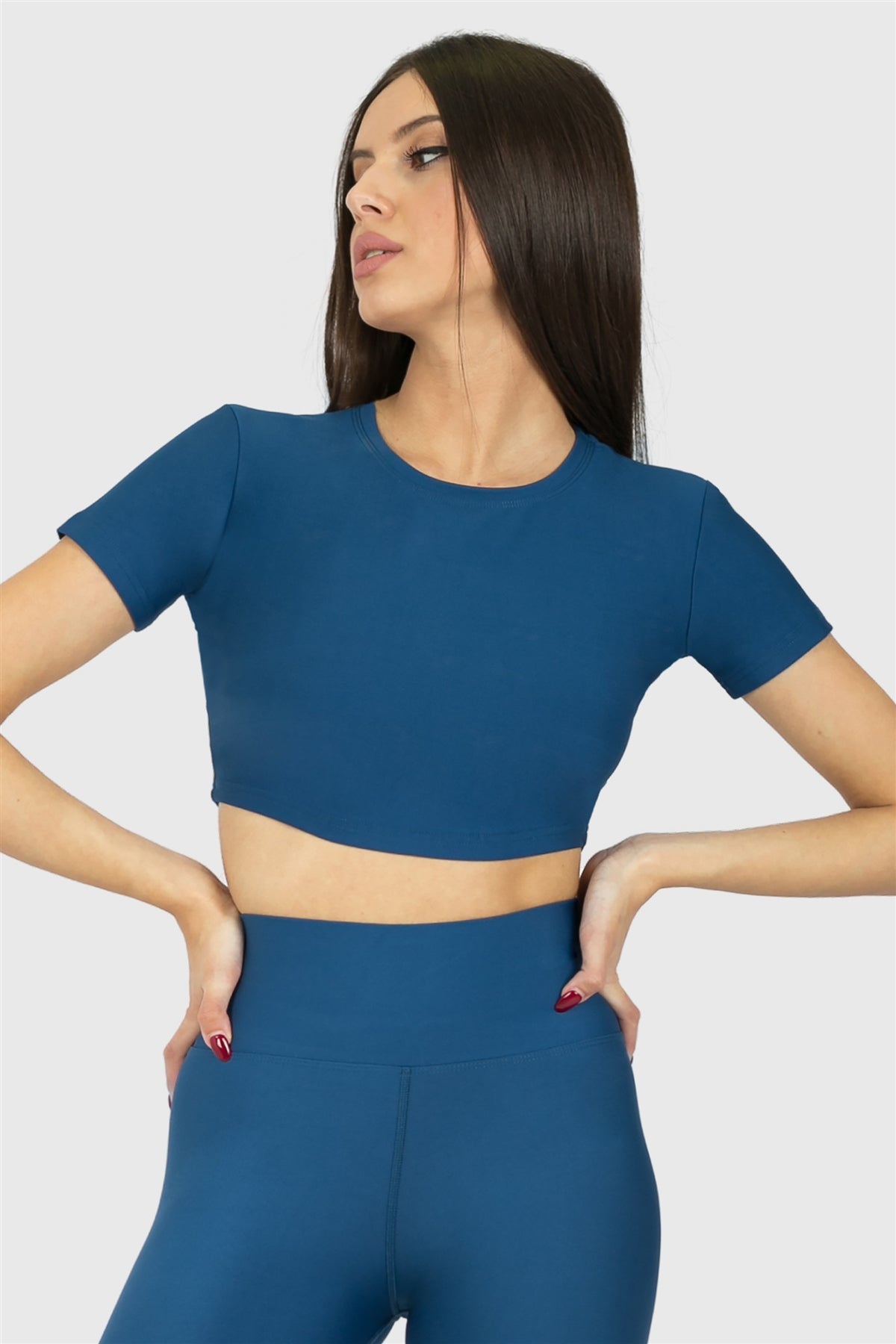 Kısa Kol Spor Petrol Crop Top