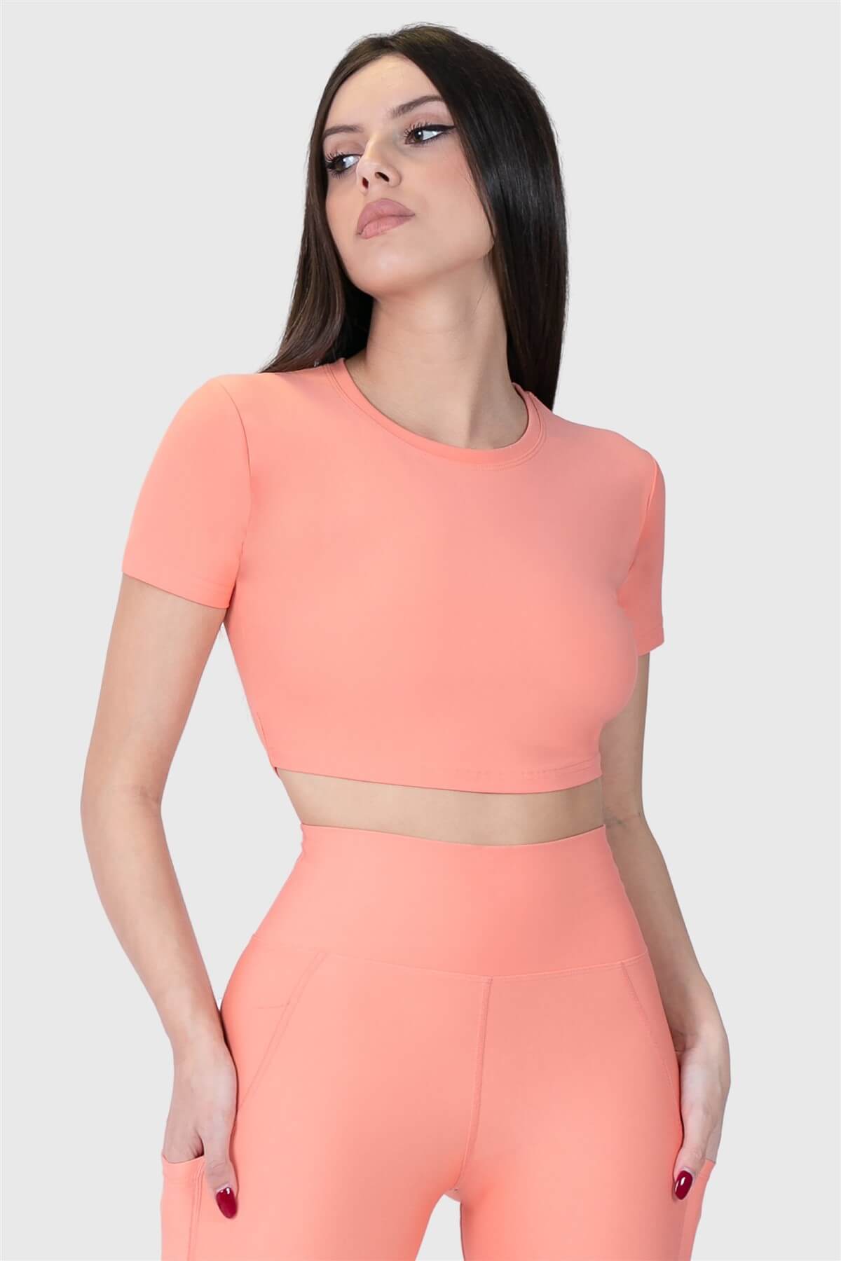 Kısa Kol Spor Şeftali Crop Top