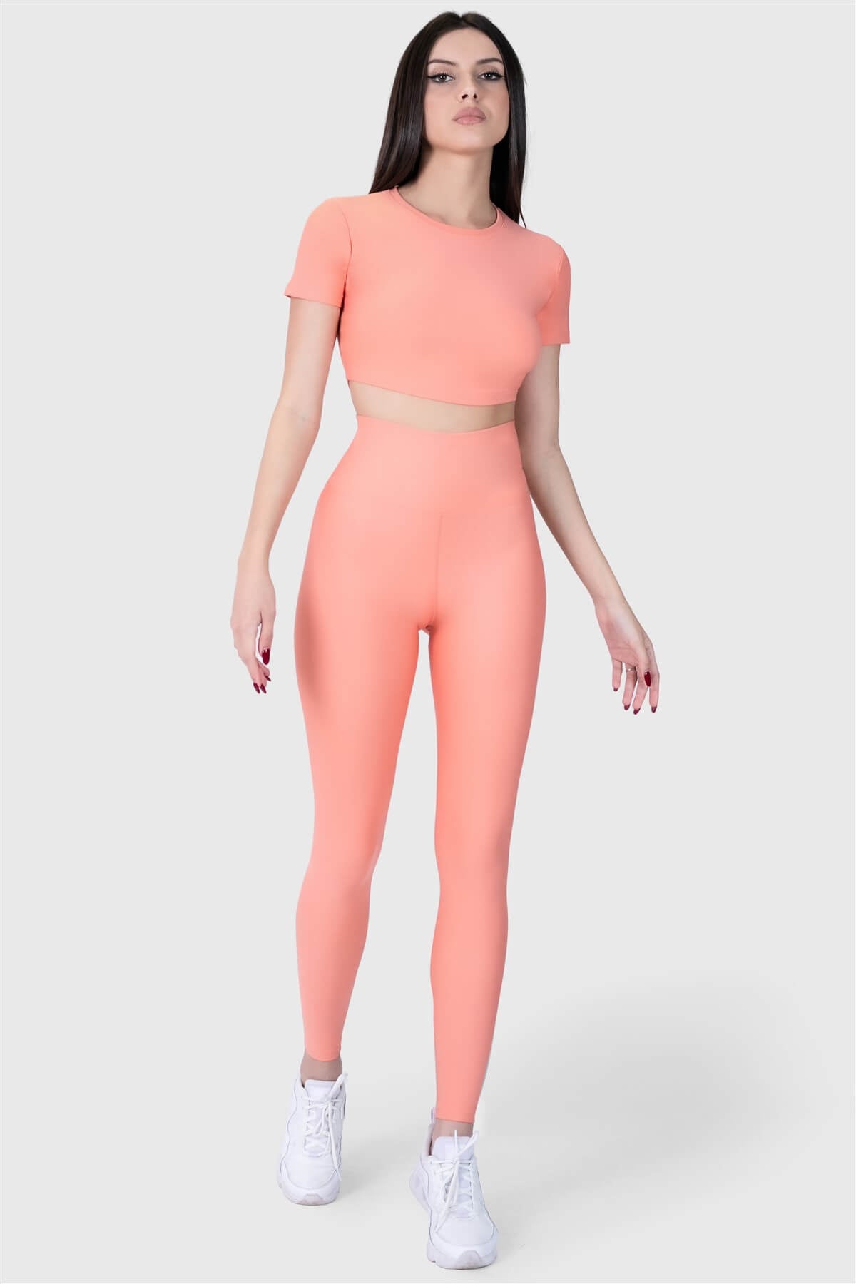 Kısa Kol Spor Şeftali Crop Top