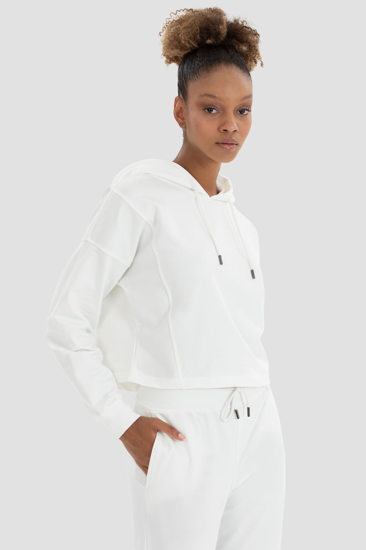 Lisa Oversize Krem Crop Hoodie