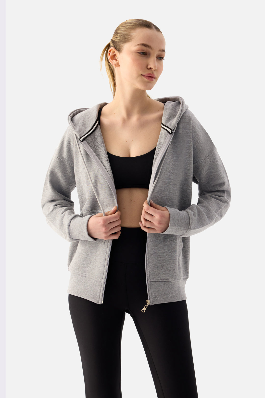 Luna Fermuarlı Kapüşonlu Gri Melanj Sweatshirt