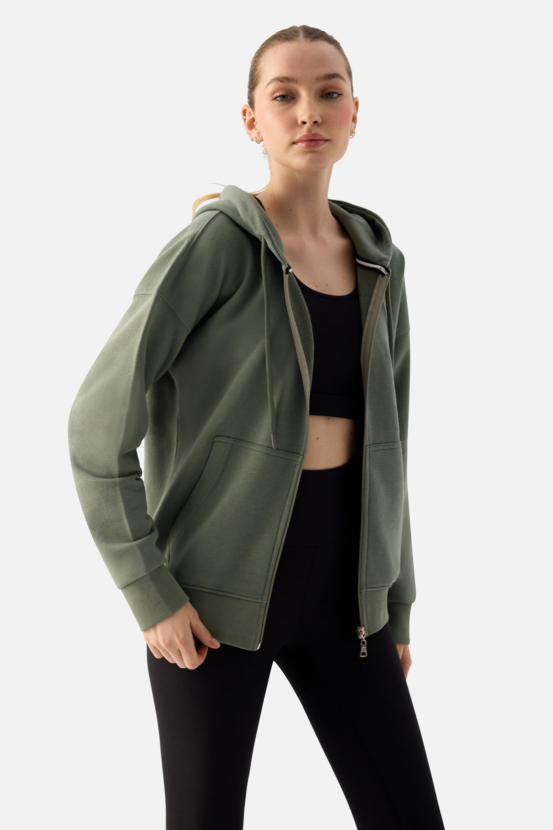 Luna Fermuarlı Kapüşonlu Haki Sweatshirt