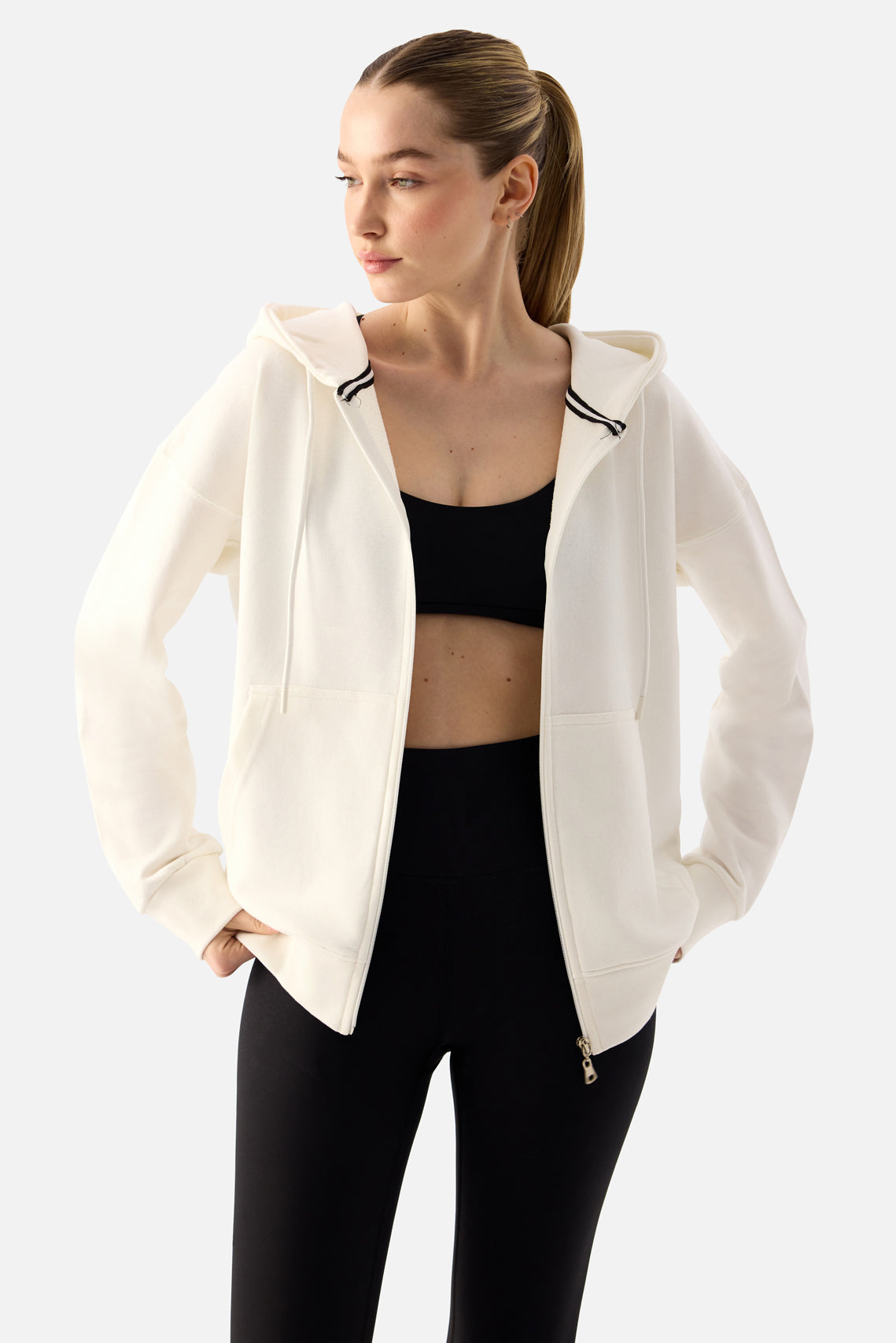 Luna Fermuarlı Kapüşonlu Krem Sweatshirt