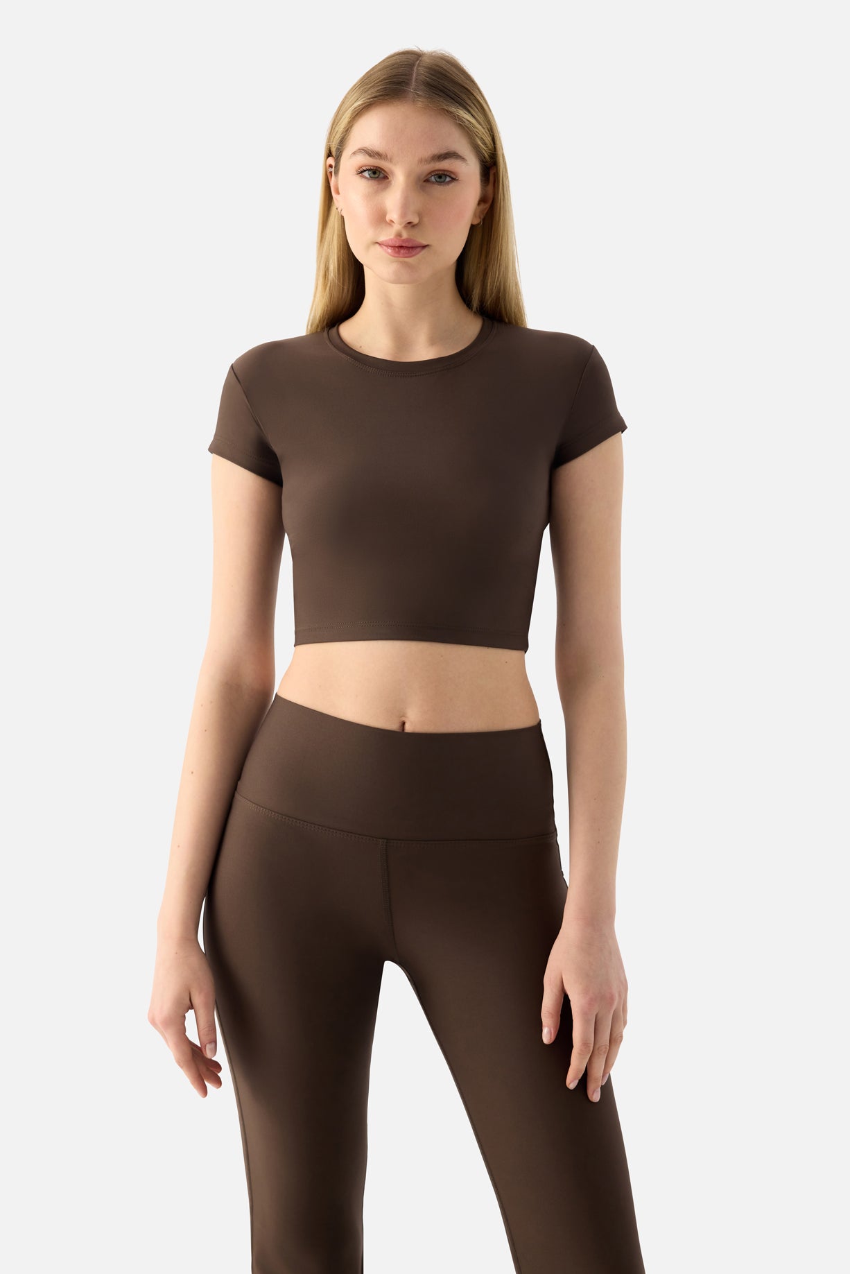 Melina Kısa Kol Acı Kahve Crop Top
