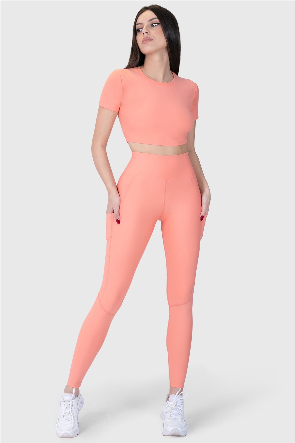 Yüksek Bel Cepli Şeftali Spor Tayt