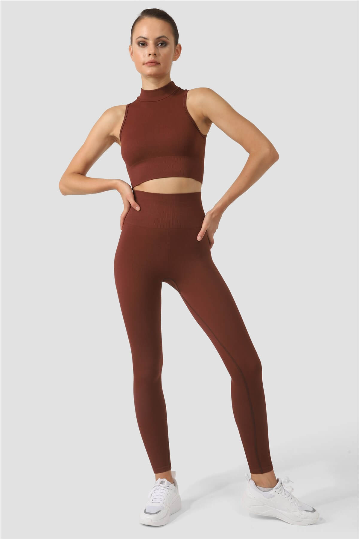 Yüksel Bel Dikişsiz Kahverengi Spor Tayt