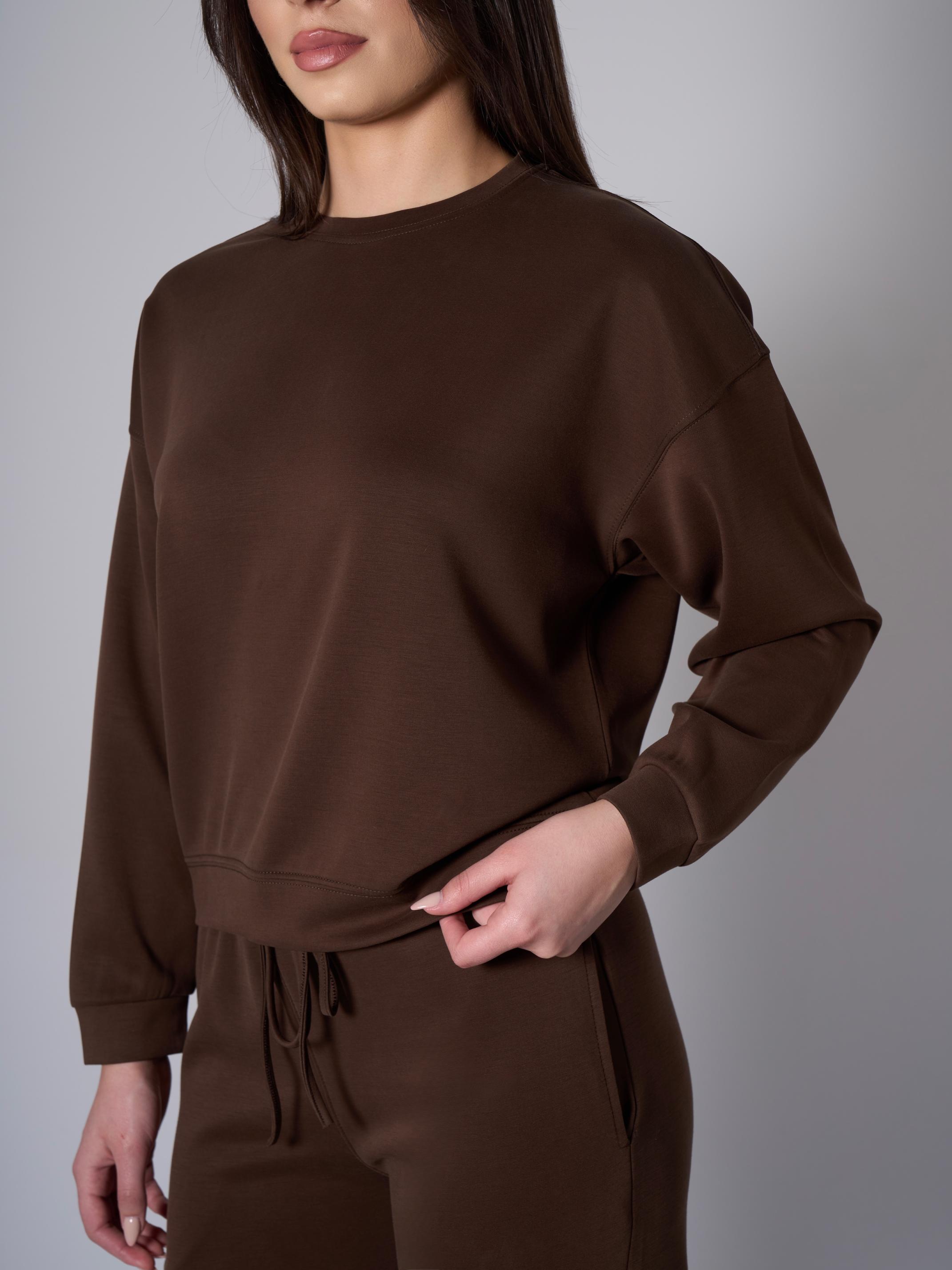 Cleo Yanları Yırtmaçlı Modal Bisiklet Yaka Kahverengi Sweatshirt