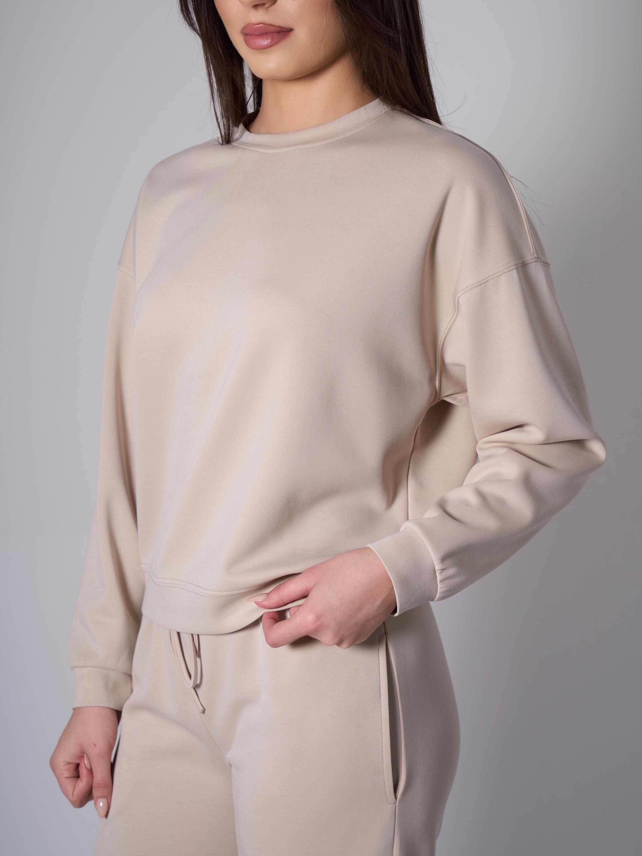 Cleo Yanları Yırtmaçlı Modal Bisiklet Yaka Taş Rengi Sweatshirt