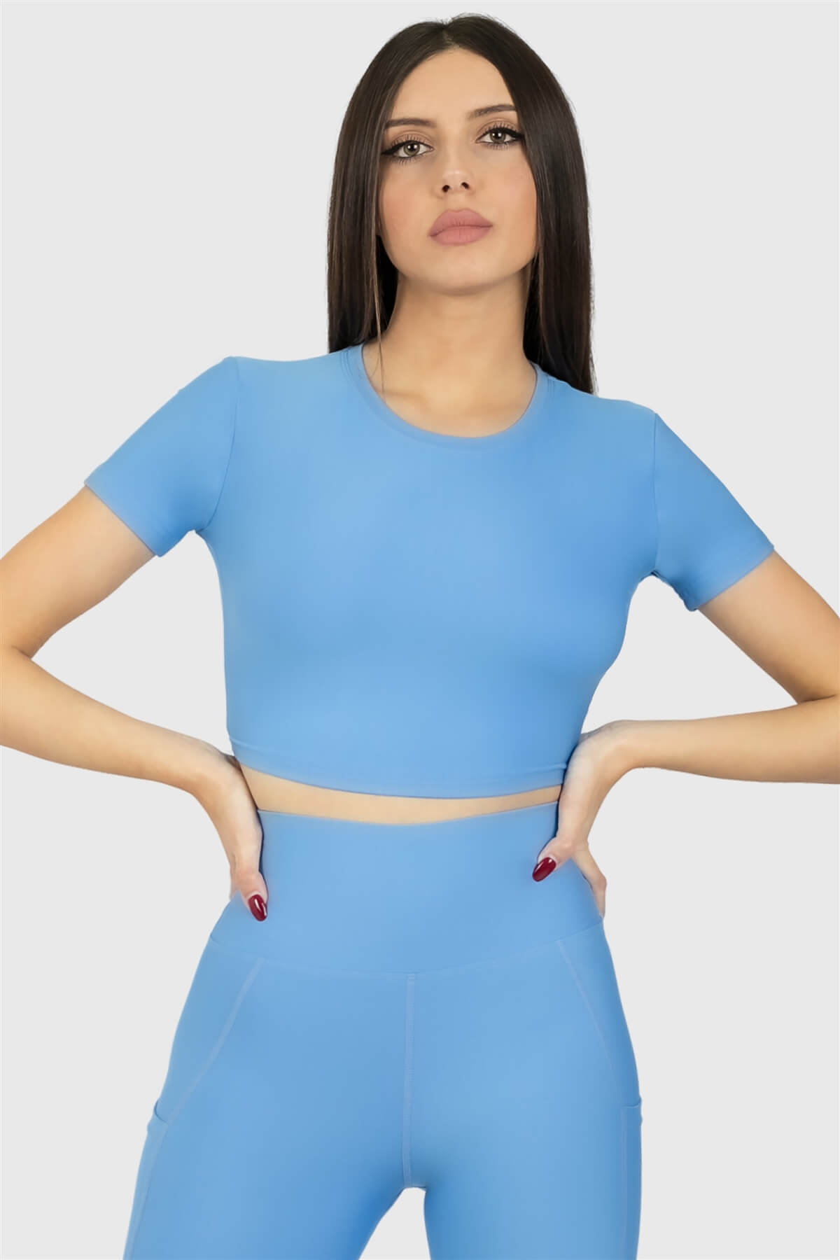 Kısa Kol Spor Mavi Crop Top