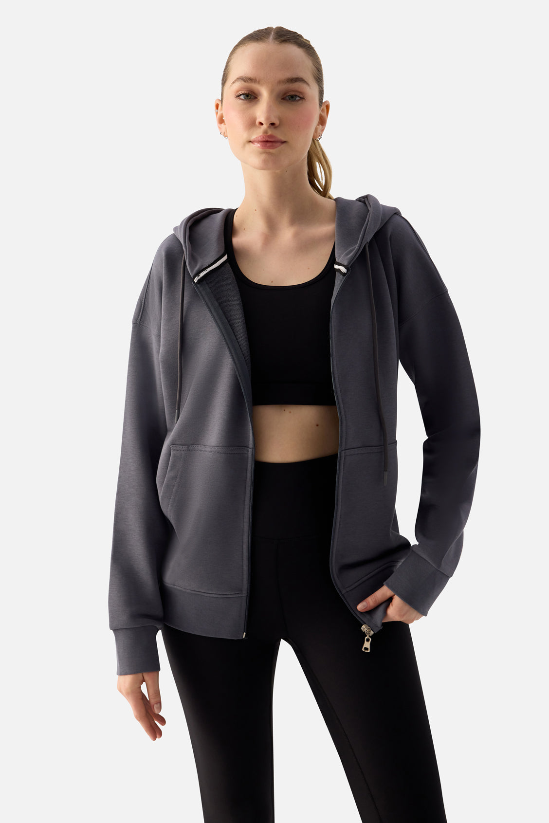 Luna Fermuarlı Kapüşonlu Füme Sweatshirt