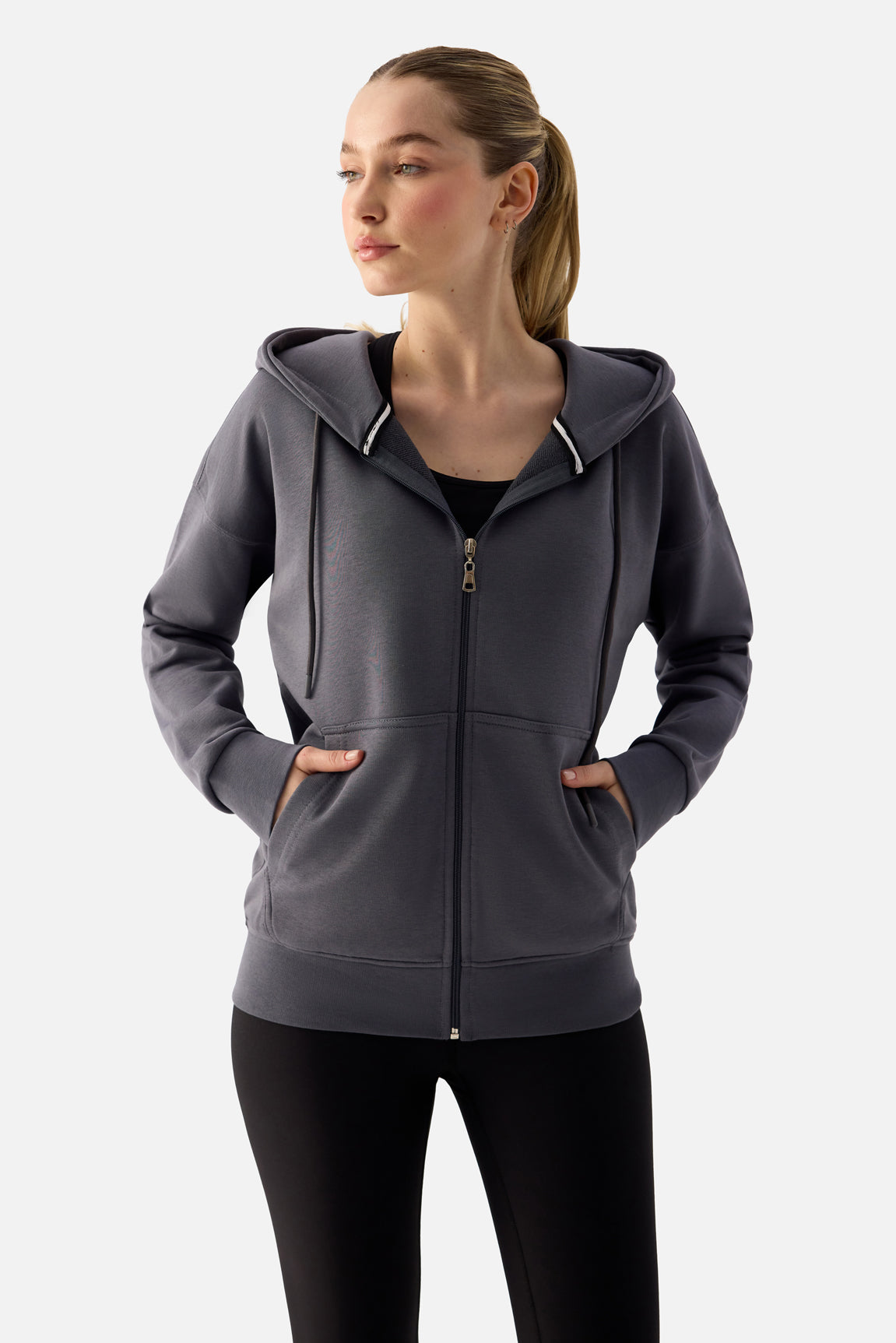 Luna Fermuarlı Kapüşonlu Füme Sweatshirt