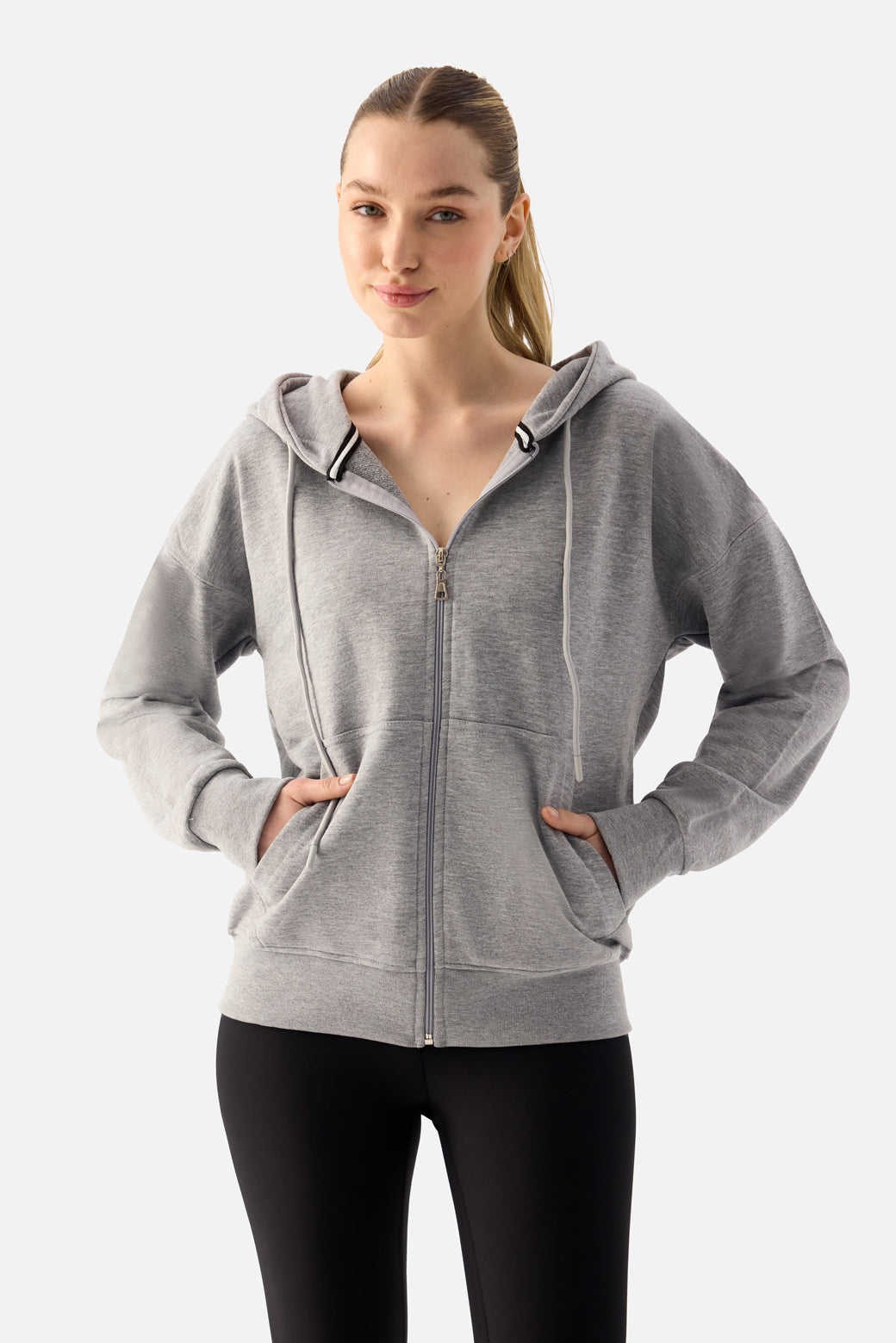 Luna Fermuarlı Kapüşonlu Gri Melanj Sweatshirt