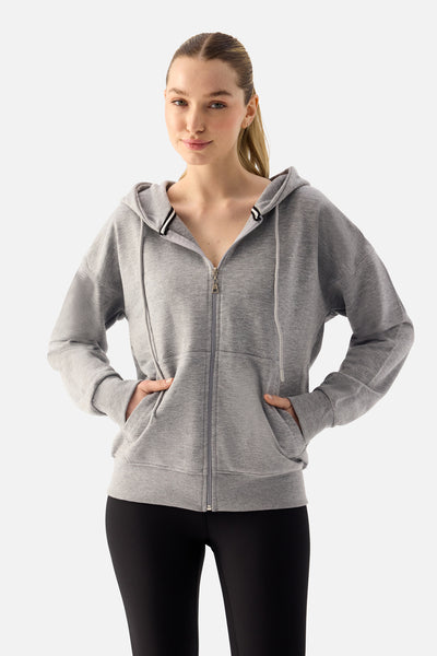 Luna Fermuarlı Kapüşonlu Gri Melanj Sweatshirt