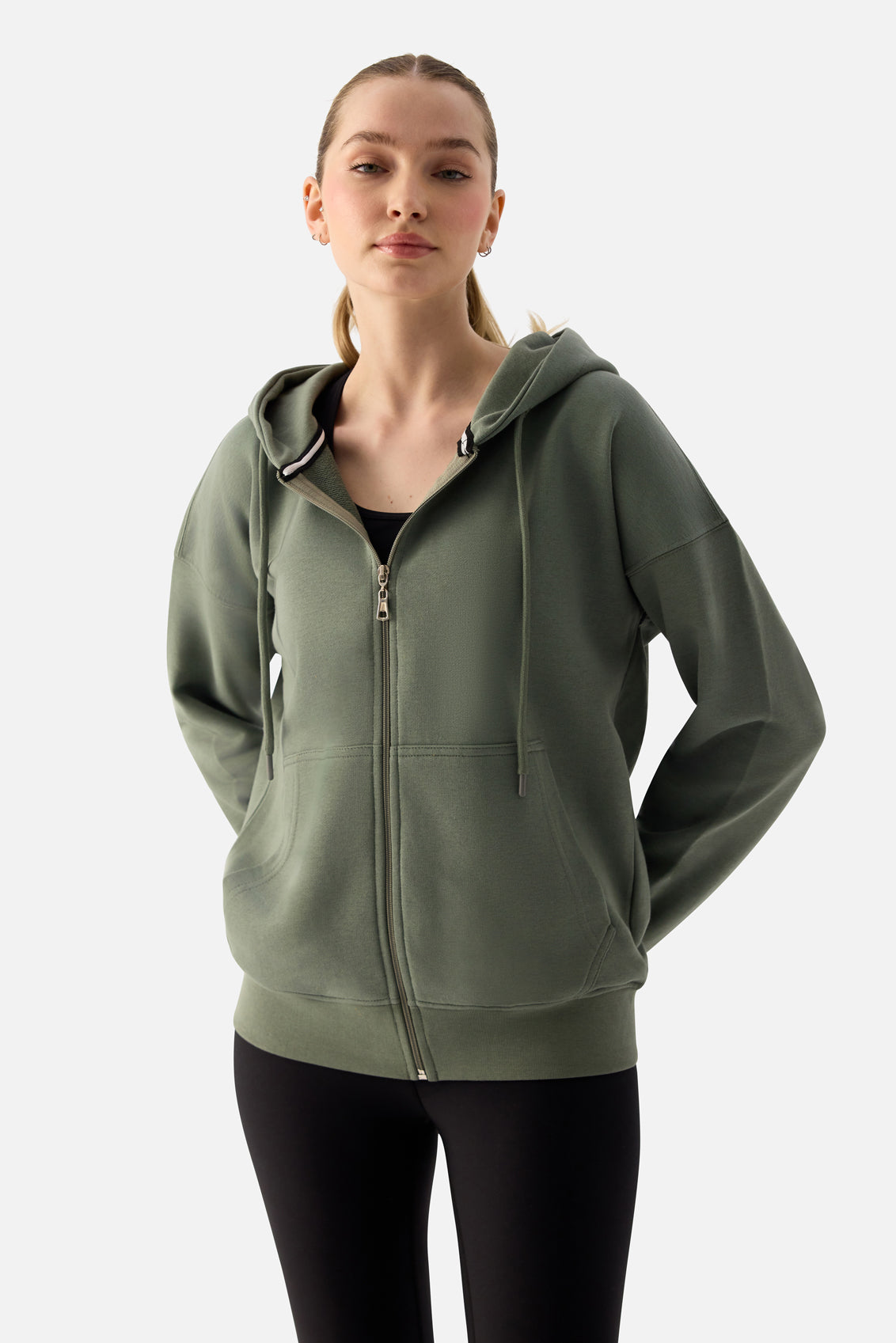 Luna Fermuarlı Kapüşonlu Haki Sweatshirt