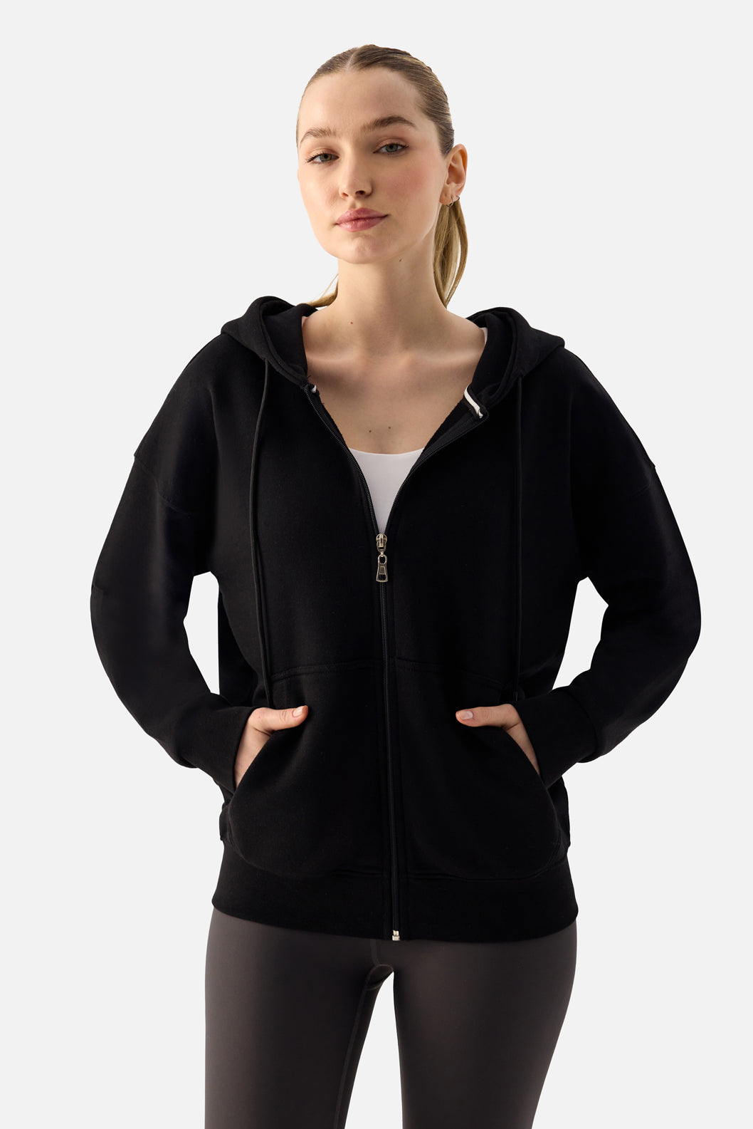 Luna Fermuarlı Kapüşonlu Siyah Sweatshirt