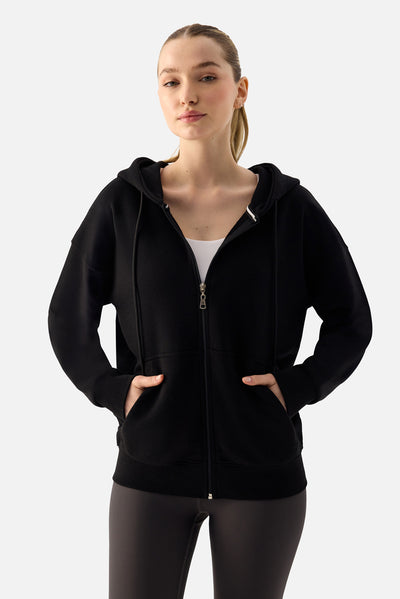 Luna Fermuarlı Kapüşonlu Siyah Sweatshirt