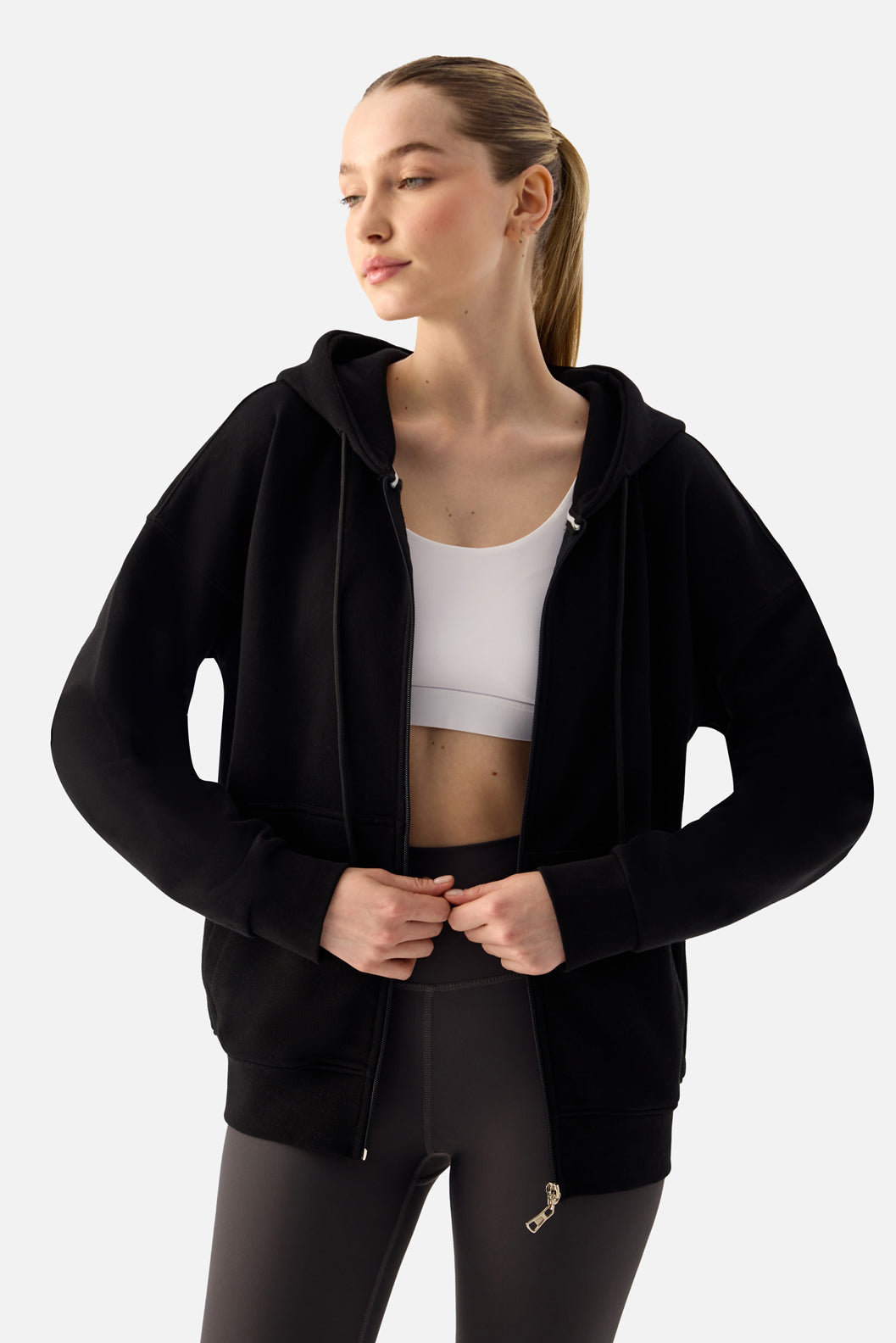 Luna Fermuarlı Kapüşonlu Siyah Sweatshirt